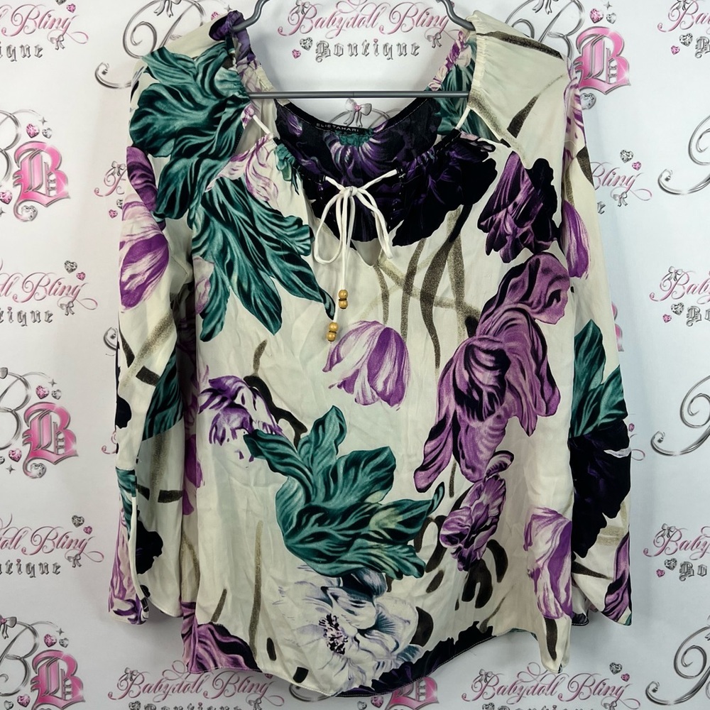 Elie tahari long sleeve blouse flowers swirl tie up Floral Print Women's Top